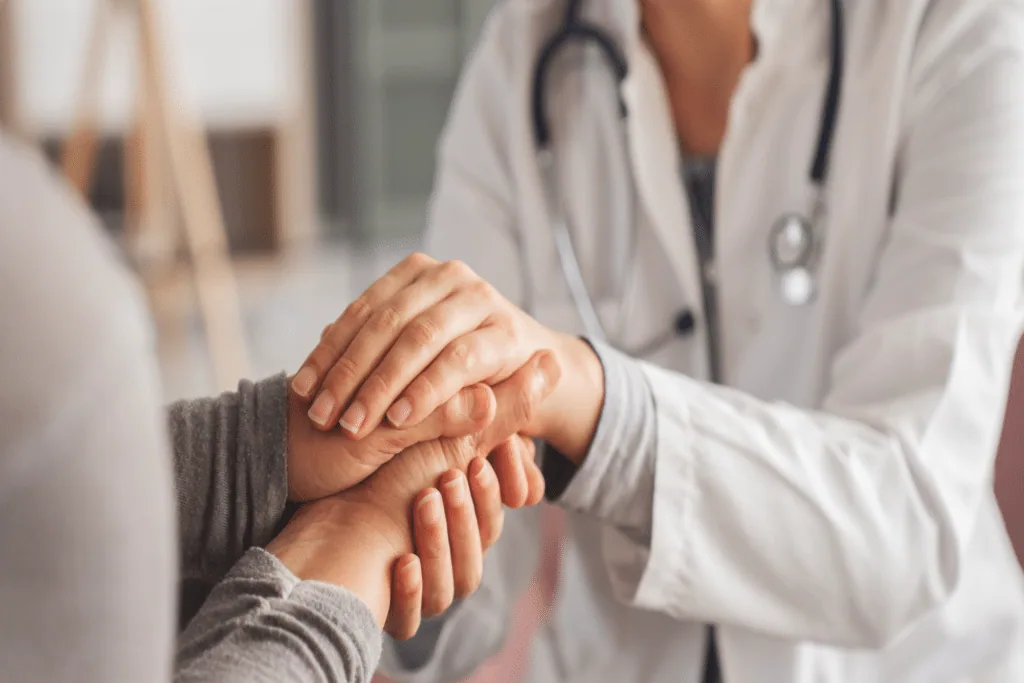 Dermatologist examining a patient's skin during a dermatology consultation